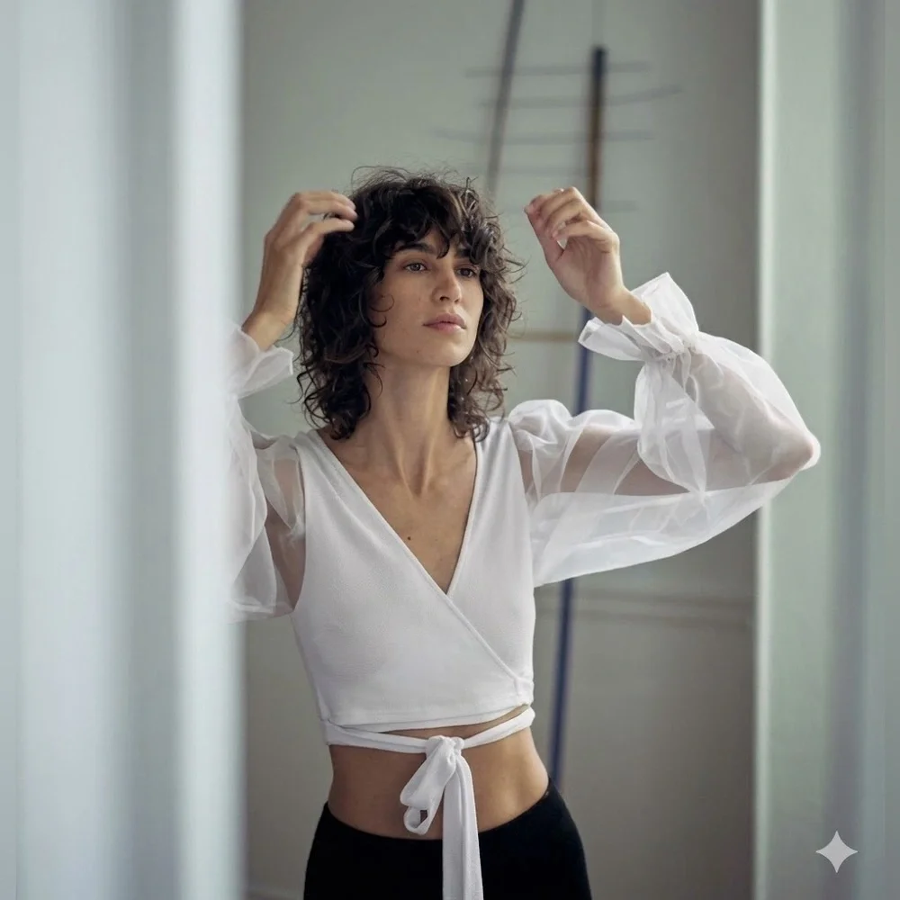 Zara Sheer Puff-Sleeve Wrap Top - White